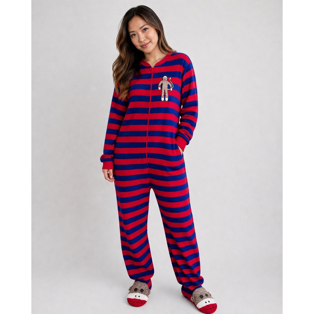 Nick & Nora Red Blue Stripe Fleece Sock Monkey Footed Pajamas Size‎ S One Piece